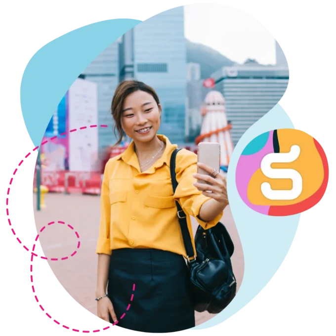 Woman on her phone with Singapore city in the the background