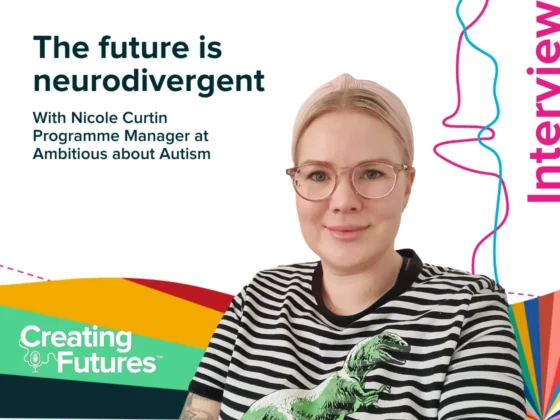 Graphic promoting Creating Futures podcast interview with Nicole Curtin with the headline "The future is neurodivergent"