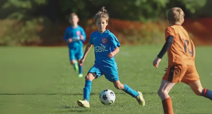 A child in a blue Salt football kit dribbling a soccer ball on a grassy field