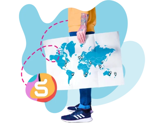 A person holding a world map with pins marking the global Salt office locations — website footer image