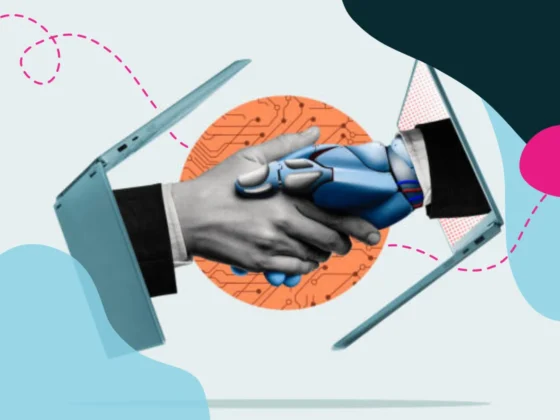 A human hand shaking a robot hand coming out of a laptop