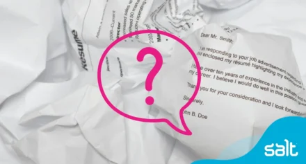 Cover letters crumpled up with a question mark graphic overlaid