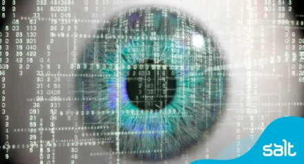 A close up of a blue eyeball with data numbers overlaid