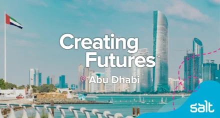 Abu Dhabi city landscape with the wording "Creating Futures Abu Dhabi" overlaid