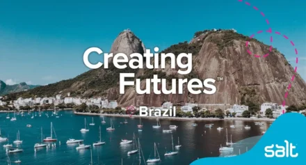Brazil mountain and yacht club with the wording "Creating Futures Brazil" overlaid