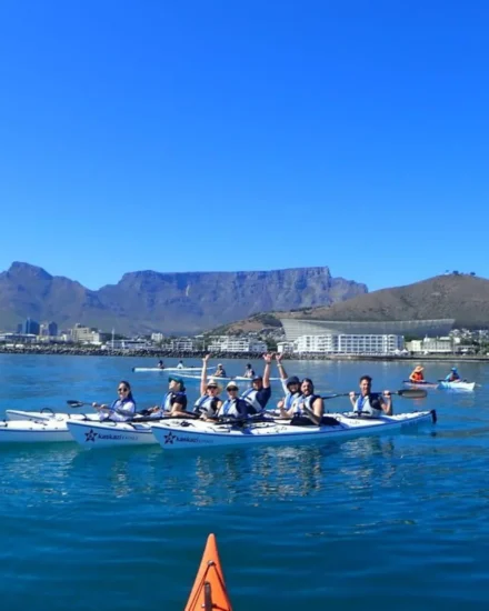 A group of people in kayaks smiling and paddling on calm water with Table Mountain in the background on a clear, sunny day